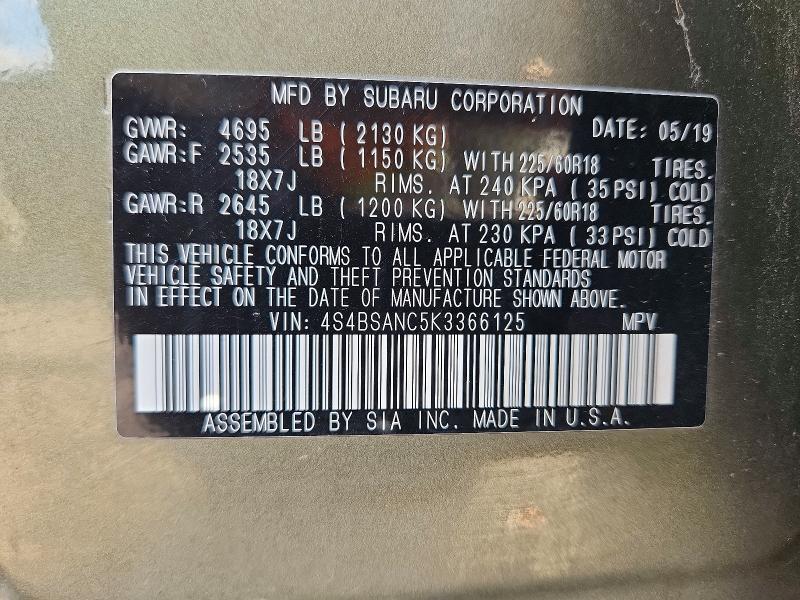 Продажа на аукционе авто 2019 Subaru Outback, vin: 4S4BSANC5K3366125, номер лота: 60588046