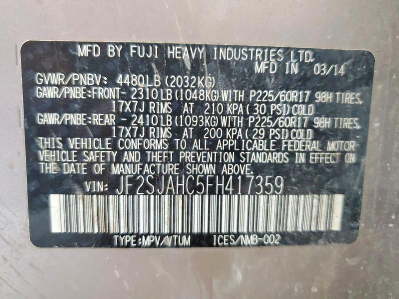 2015 Subaru Forester მანქანა იყიდება აუქციონზე, vin: JF2SJAHC5FH417359, აუქციონის ნომერი: 62627196