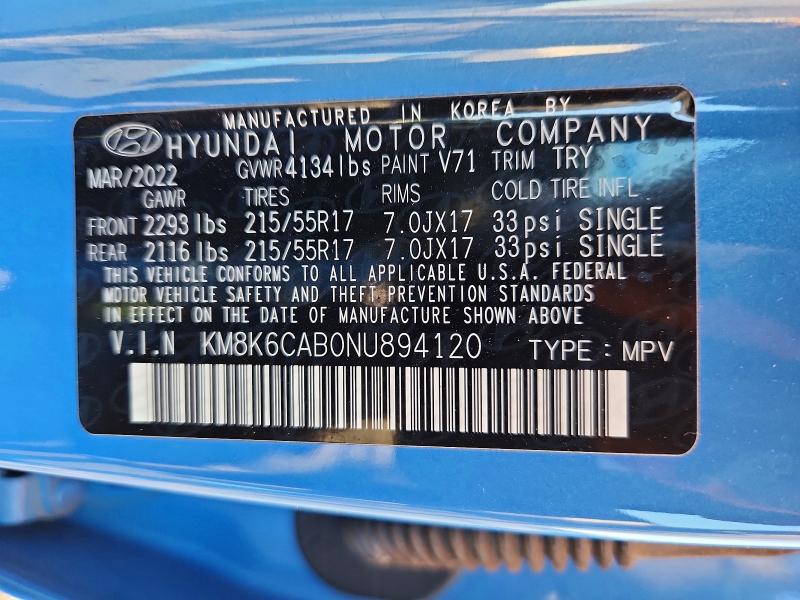 2022 Hyundai Kona მანქანა იყიდება აუქციონზე, vin: KM8K6CAB0NU894120, აუქციონის ნომერი: 60740996