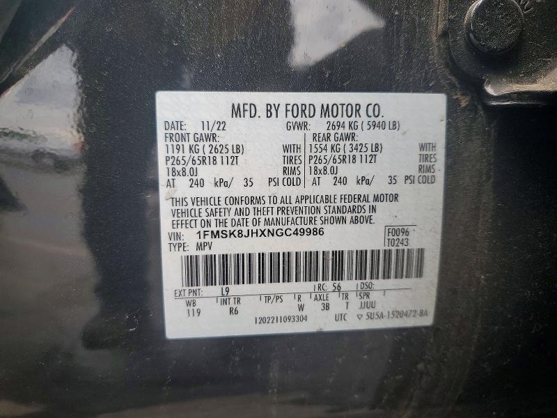60701166 :رقم المزاد ، 1FMSK8JHXNGC49986 vin ، 2022 Ford Explorer مزاد بيع