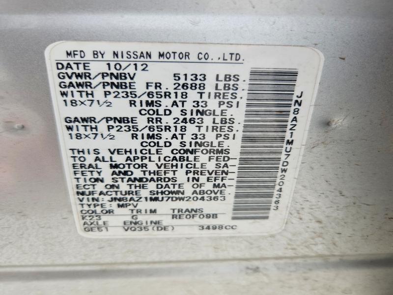 60824446 :رقم المزاد ، JN8AZ1MU7DW204363 vin ، 2013 Nissan Murano مزاد بيع