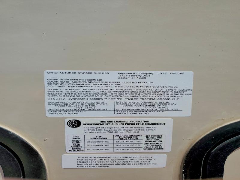 59693946 :رقم المزاد ، 4YDF33621H2500323 vin ، 2017 Keystone Cougar مزاد بيع
