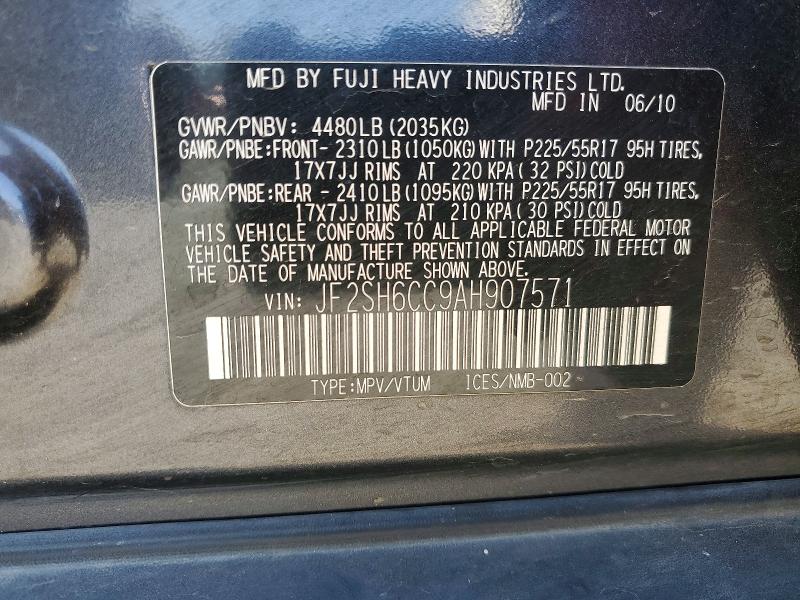 2010 Subaru Forester მანქანა იყიდება აუქციონზე, vin: JF2SH6CC9AH907571, აუქციონის ნომერი: 62881526