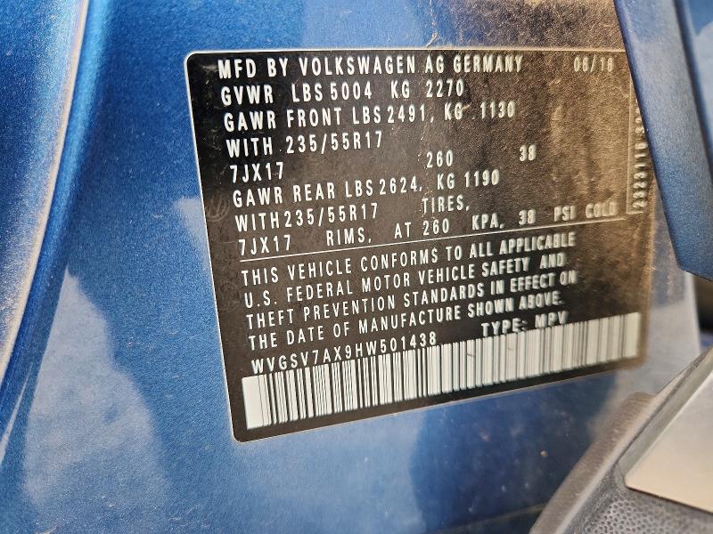 2017 Volkswagen Tiguan მანქანა იყიდება აუქციონზე, vin: WVGSV7AX9HW501438, აუქციონის ნომერი: 59879996