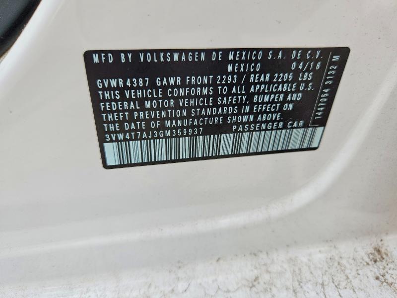 2016 Volkswagen Jetta მანქანა იყიდება აუქციონზე, vin: 3VW4T7AJ3GM359937, აუქციონის ნომერი: 59813876