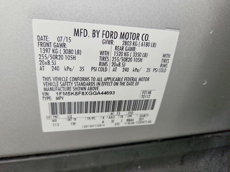 Aukcja sprzedaży 2016 Ford Explorer, vin: 1FM5K8F8XGGA44693, numer aukcji: 60055696