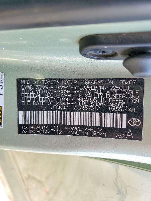 Aukcja sprzedaży 2007 Toyota Prius, vin: JTDKB20U777657512, numer aukcji: 60985566