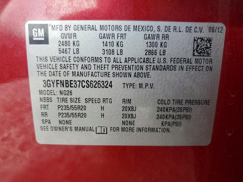 58735916 :رقم المزاد ، 3GYFNBE37CS626324 vin ، 2012 Cadillac Srx مزاد بيع