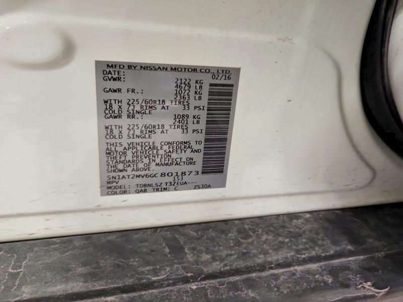 2016 Nissan Rogue მანქანა იყიდება აუქციონზე, vin: 5N1AT2MV6GC801873, აუქციონის ნომერი: 62544476