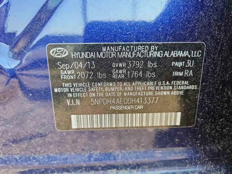 2013 Hyundai Elantra მანქანა იყიდება აუქციონზე, vin: 5NPDH4AE0DH413377, აუქციონის ნომერი: 60598056