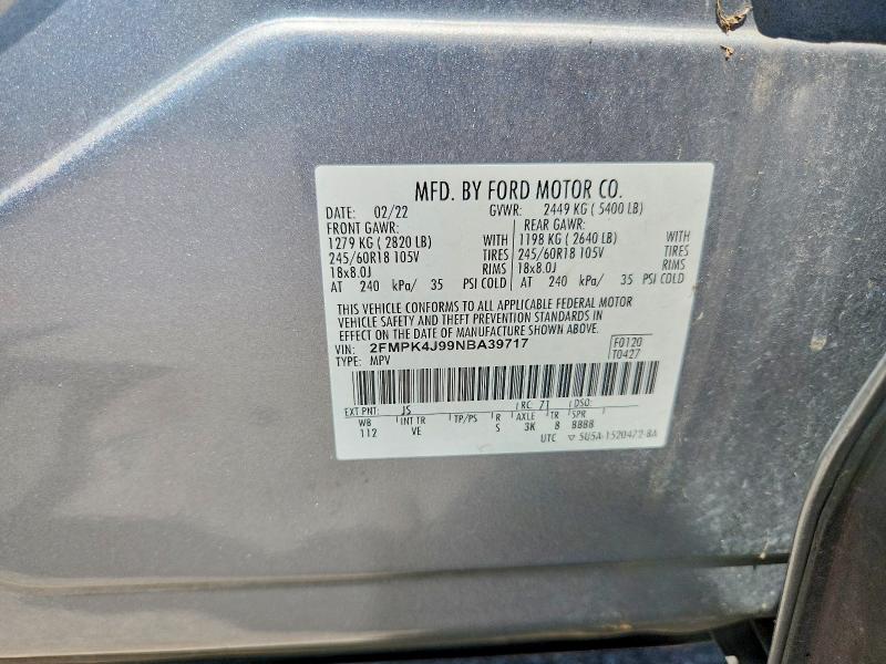 60445526 :رقم المزاد ، 2FMPK4J99NBA39717 vin ، 2022 Ford Edge مزاد بيع