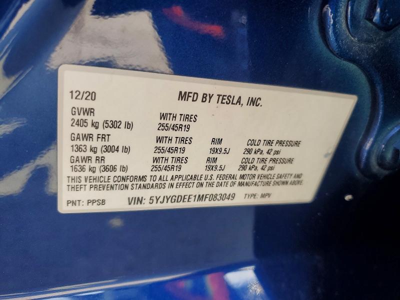 Aukcja sprzedaży 2021 Tesla Model Y, vin: 5YJYGDEE1MF083049, numer aukcji: 60027846