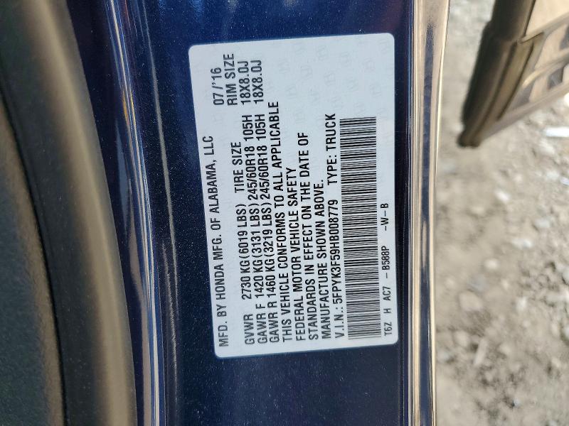 2017 Honda Ridgeline მანქანა იყიდება აუქციონზე, vin: 5FPYK3F59HB008779, აუქციონის ნომერი: 60697896