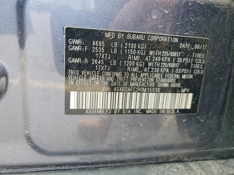 Продаж на аукціоні авто 2017 Subaru Outback, vin: 4S4BSAFC2H3435036, номер лоту: 62101986