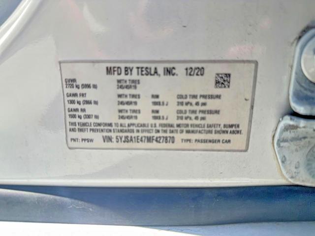 Продаж на аукціоні авто 2021 Tesla Model S, vin: 5YJSA1E47MF427870, номер лоту: 60093726