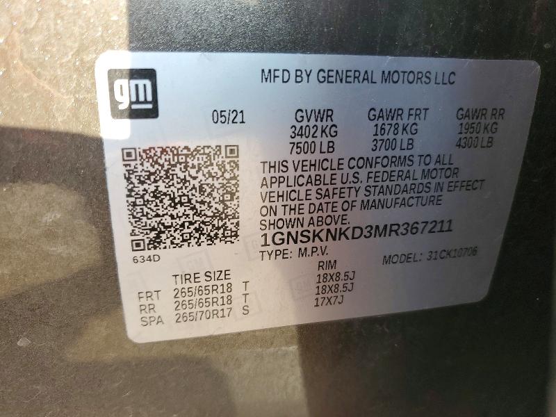 Продаж на аукціоні авто 2021 Chevrolet Tahoe, vin: 1GNSKNKD3MR367211, номер лоту: 61133046