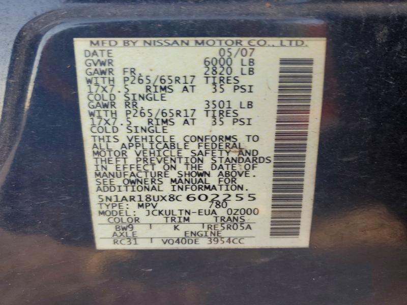 Aukcja sprzedaży 2008 Nissan Pathfinder, vin: 5N1AR18UX8C602255, numer aukcji: 63022746