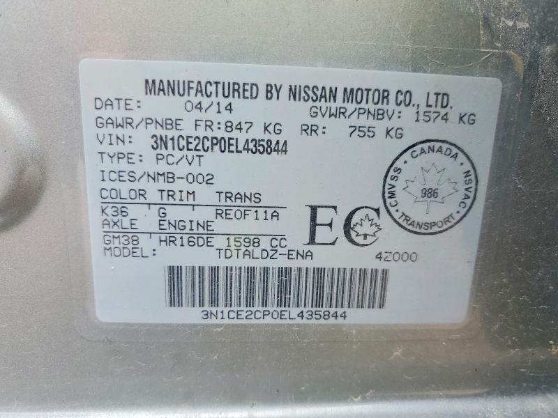2014 Nissan Versa Note მანქანა იყიდება აუქციონზე, vin: 3N1CE2CP0EL435844, აუქციონის ნომერი: 62782006