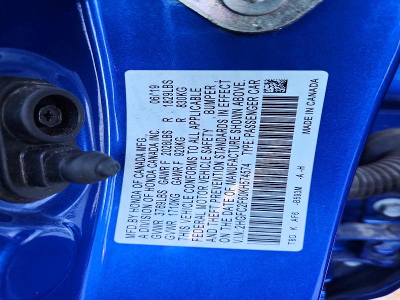Aukcja sprzedaży 2019 Honda Civic, vin: 2HGFC2F60KH574574, numer aukcji: 63072446