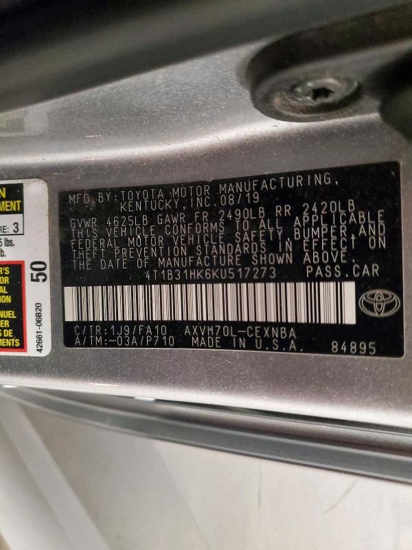 85632035 :رقم المزاد ، 4T1B31HK6KU517273 vin ، 2019 Toyota Camry مزاد بيع