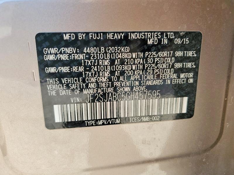 2016 Subaru Forester მანქანა იყიდება აუქციონზე, vin: JF2SJABC5GH457595, აუქციონის ნომერი: 63530666