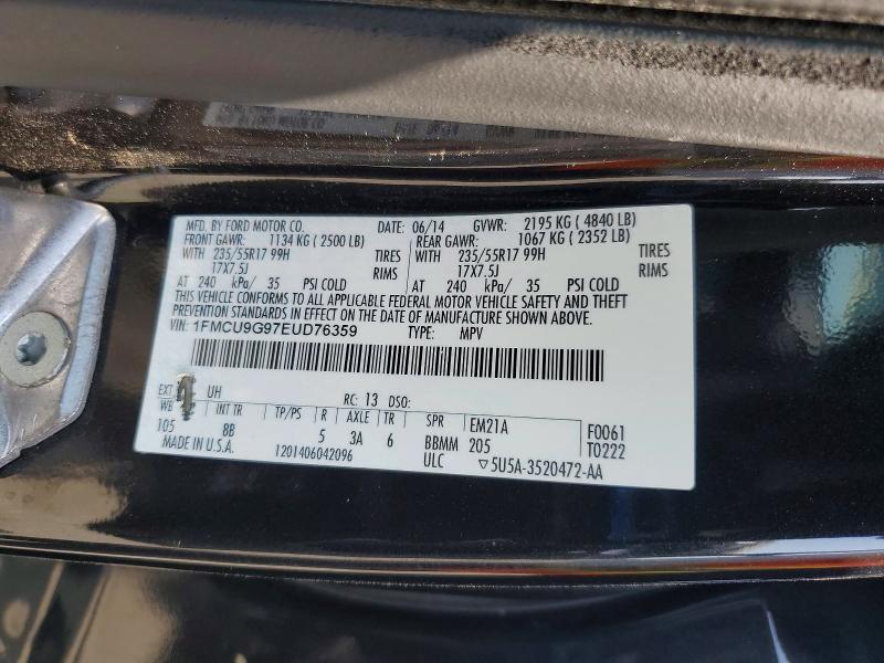 2014 Ford Escape მანქანა იყიდება აუქციონზე, vin: 1FMCU9G97EUD76359, აუქციონის ნომერი: 62220636