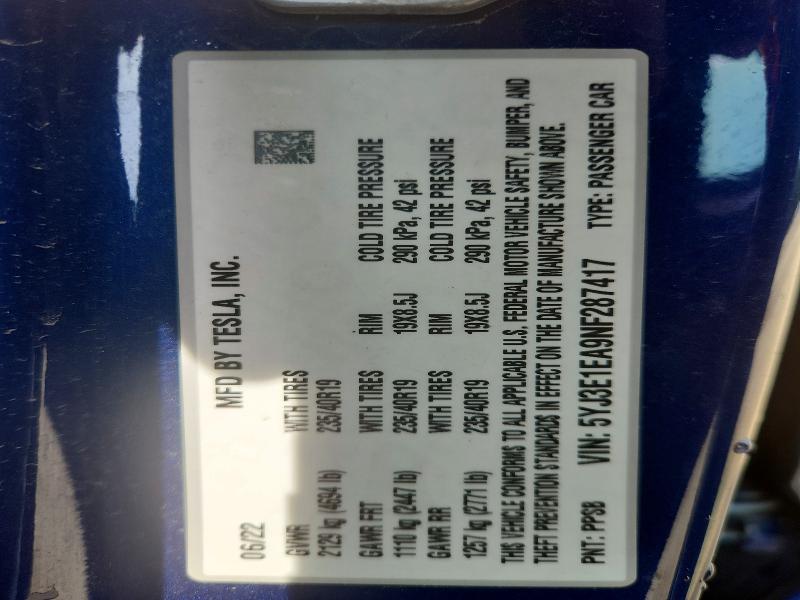 2022 Tesla Model 3 მანქანა იყიდება აუქციონზე, vin: 5YJ3E1EA9NF287417, აუქციონის ნომერი: 60142016