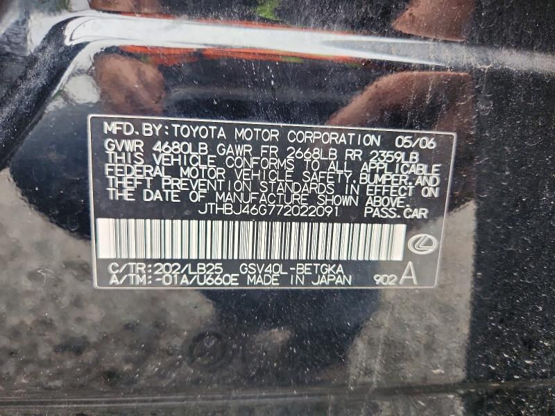 Aukcja sprzedaży 2007 Lexus Es, vin: JTHBJ46G772022091, numer aukcji: 54427366