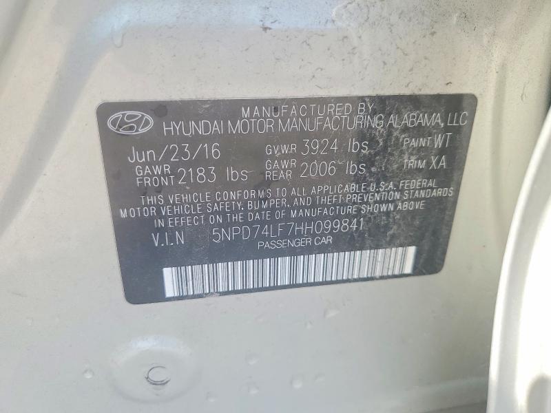 Продажа на аукционе авто 2017 Hyundai Elantra, vin: 5NPD74LF7HH099841, номер лота: 62546626