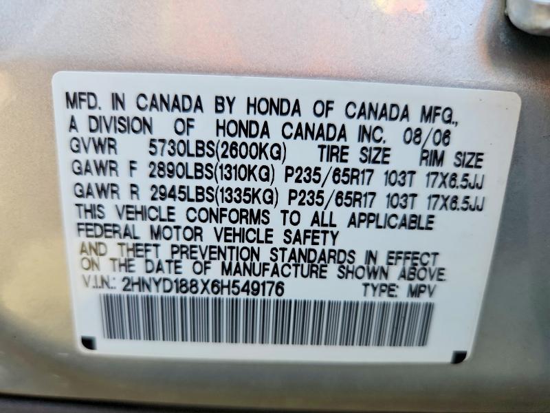 2006 Acura Mdx მანქანა იყიდება აუქციონზე, vin: 2HNYD188X6H549176, აუქციონის ნომერი: 62207096