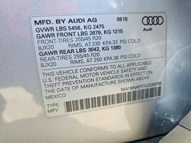 2018 Audi Q5 მანქანა იყიდება აუქციონზე, vin: WA1BNAFY7J2239705, აუქციონის ნომერი: 60988606