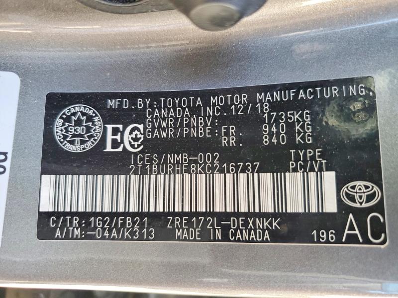 2019 Toyota Corolla მანქანა იყიდება აუქციონზე, vin: 2T1BURHE8KC216737, აუქციონის ნომერი: 61868716