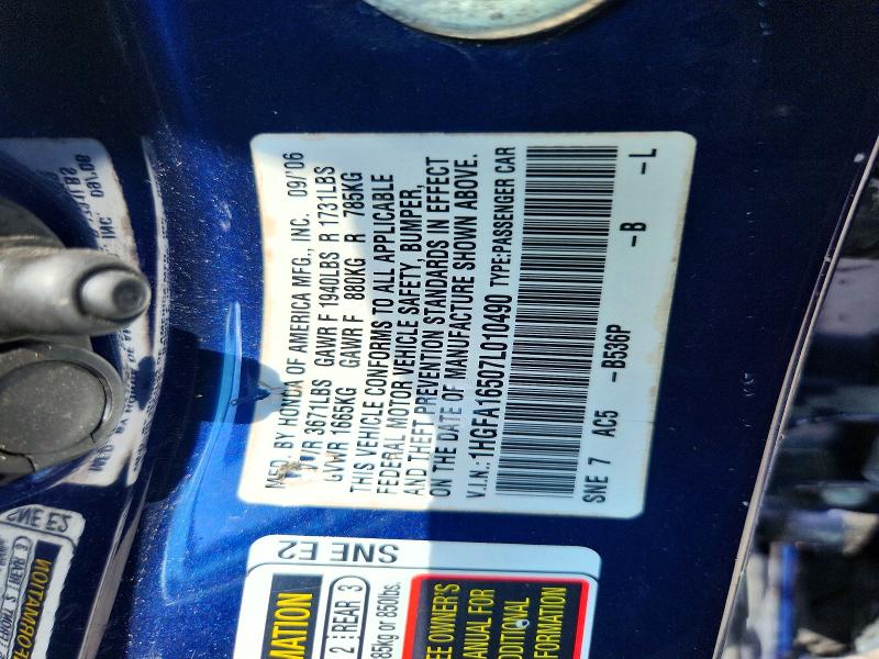 60440236 :رقم المزاد ، 1HGFA16507L010490 vin ، 2007 Honda Civic مزاد بيع