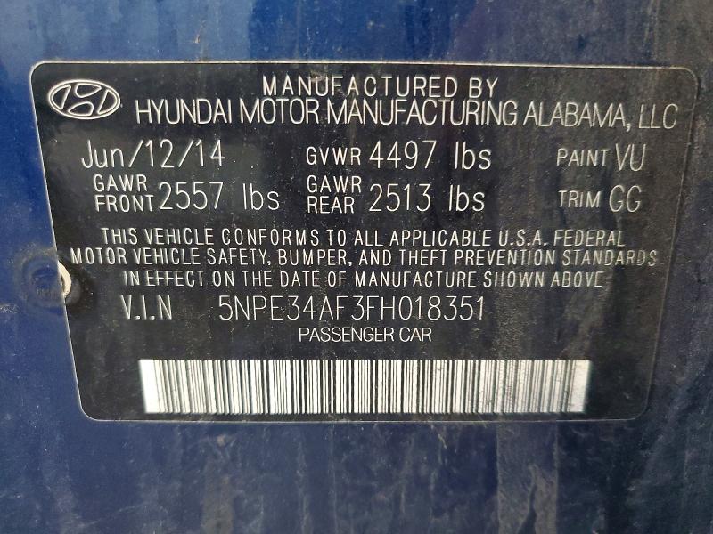 2015 Hyundai Sonata მანქანა იყიდება აუქციონზე, vin: 5NPE34AF3FH018351, აუქციონის ნომერი: 62583436