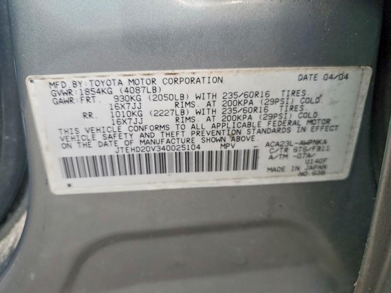 Aukcja sprzedaży 2004 Toyota Rav4, vin: JTEHD20V340025104, numer aukcji: 61619336