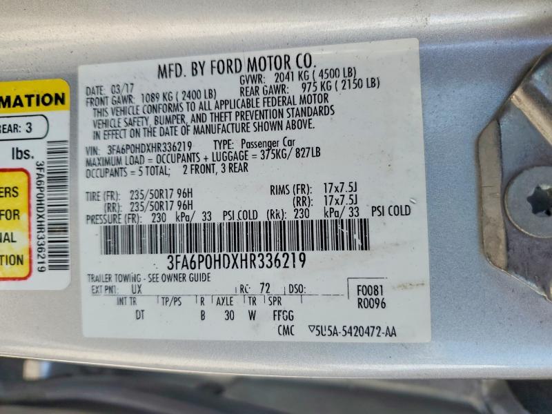 2017 Ford Fusion მანქანა იყიდება აუქციონზე, vin: 3FA6P0HDXHR336219, აუქციონის ნომერი: 62161286