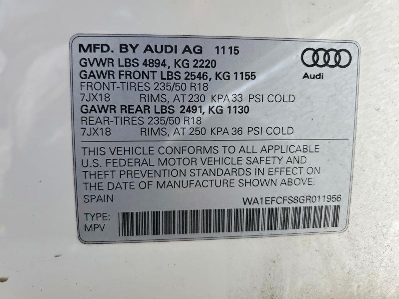 61511956 :رقم المزاد ، WA1EFCFS8GR011956 vin ، 2016 Audi Q3 مزاد بيع