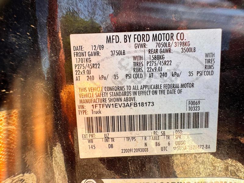 2010 Ford F150 მანქანა იყიდება აუქციონზე, vin: 1FTFW1EV3AFB18173, აუქციონის ნომერი: 61660106