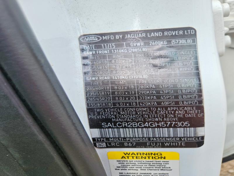 2016 Land Rover Discovery Sport მანქანა იყიდება აუქციონზე, vin: SALCR2BG4GH577305, აუქციონის ნომერი: 60138926