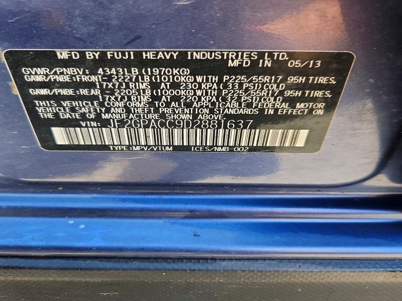 2013 Subaru Xv Crosstrek მანქანა იყიდება აუქციონზე, vin: JF2GPACC9D2881637, აუქციონის ნომერი: 60211816