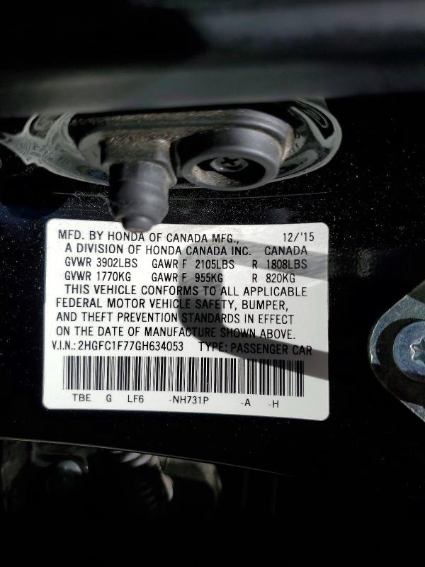 60507196 :رقم المزاد ، 2HGFC1F77GH634053 vin ، 2016 Honda Civic مزاد بيع