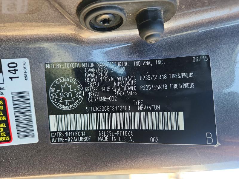 61426906 :رقم المزاد ، 5TDJK3DC8FS112409 vin ، 2015 Toyota Sienna Le مزاد بيع