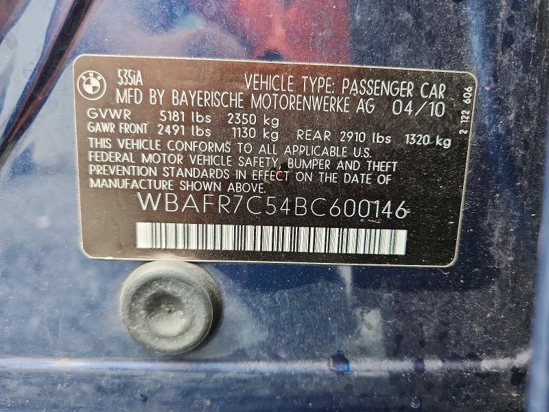 2011 Bmw 535 მანქანა იყიდება აუქციონზე, vin: WBAFR7C54BC600146, აუქციონის ნომერი: 62116766