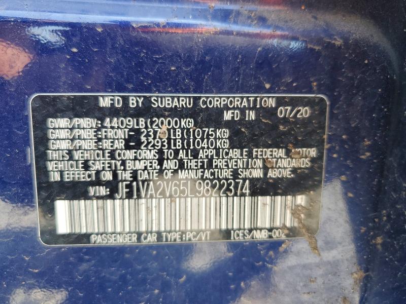 Продаж на аукціоні авто 2020 Subaru Wrx, vin: JF1VA2V65L9822374, номер лоту: 60876726