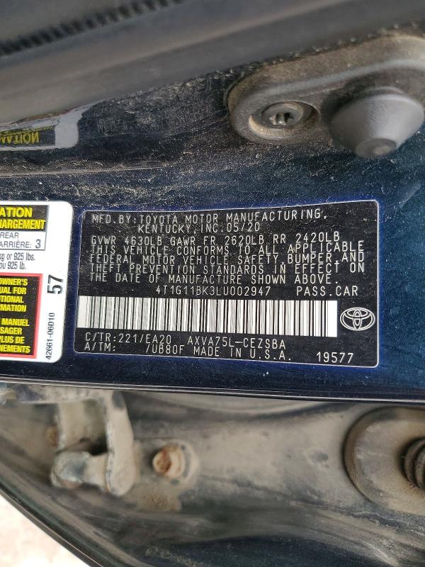 2020 Toyota Camry მანქანა იყიდება აუქციონზე, vin: 4T1G11BK3LU002947, აუქციონის ნომერი: 59664306
