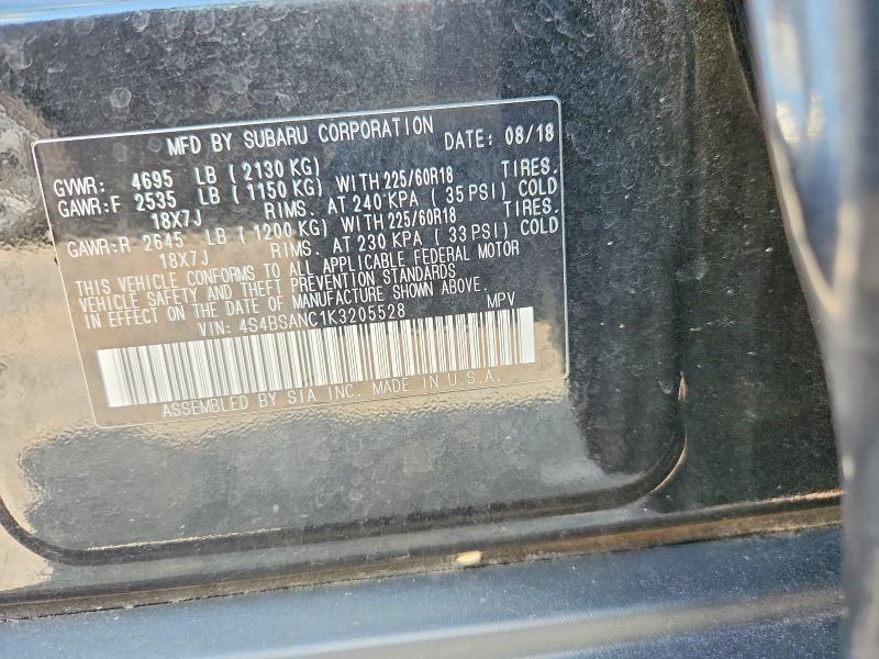 63285286 :رقم المزاد ، 4S4BSANC1K3205528 vin ، 2019 Subaru Outback مزاد بيع