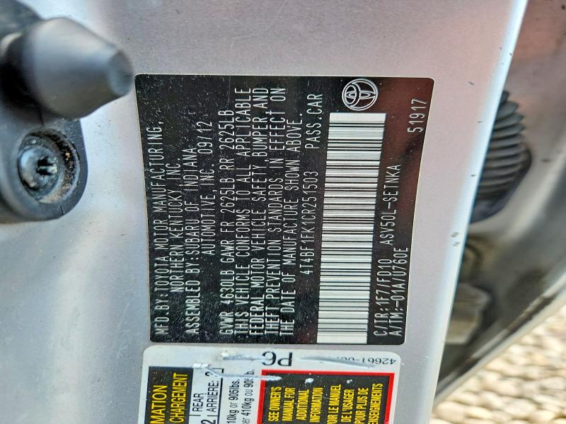 62661186 :رقم المزاد ، 4T4BF1FK1CR251503 vin ، 2012 Toyota Camry مزاد بيع
