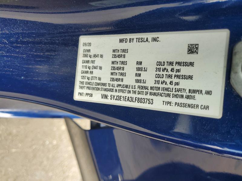 Продаж на аукціоні авто 2020 Tesla Model 3, vin: 5YJ3E1EA3LF803753, номер лоту: 60833696