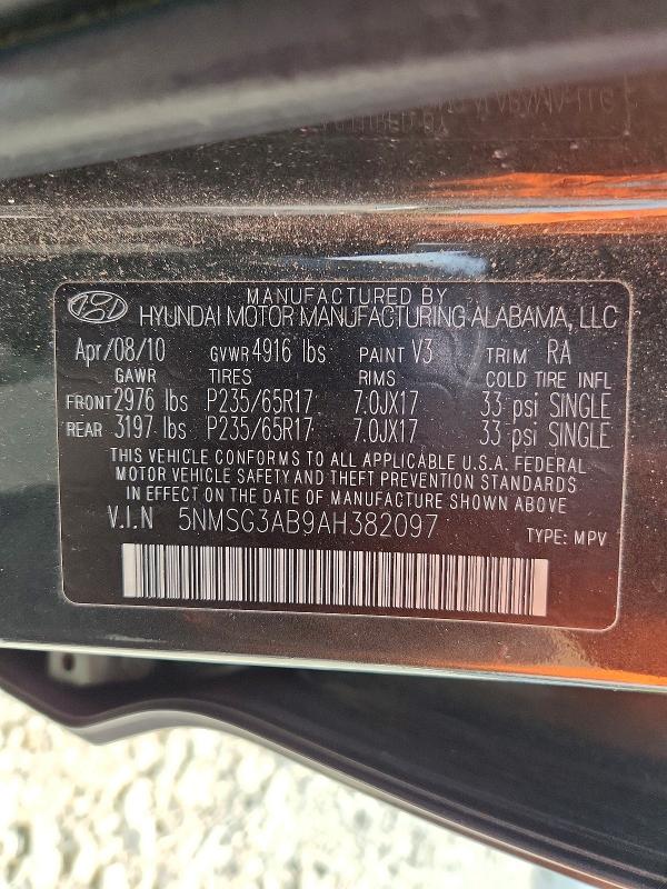 Aukcja sprzedaży 2010 Hyundai Santa Fe, vin: 5NMSG3AB9AH382097, numer aukcji: 59738306
