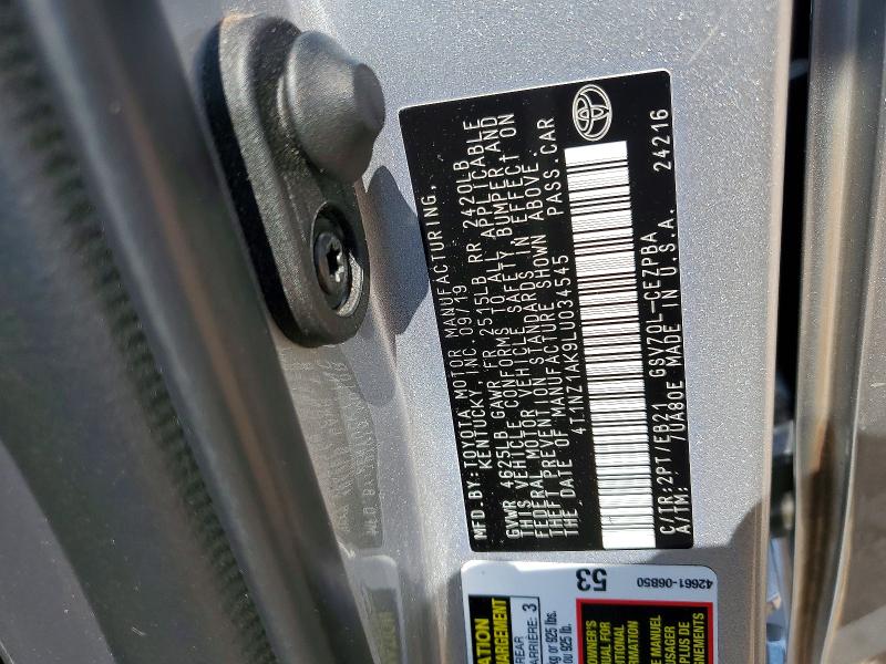 2020 Toyota Camry მანქანა იყიდება აუქციონზე, vin: 4T1NZ1AK9LU034545, აუქციონის ნომერი: 60799856